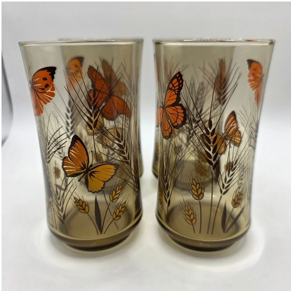 Vtg Libbey Smoked Glass Monarch Butterfly Wheat Tumblers Set of 4 Orange Brown